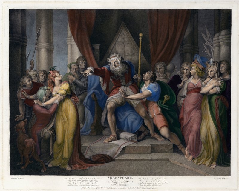 Kohtaus Shakespearen kuningas Learista (näytös I, kohtaus I) (värikaiverrus) tekijältä Henry  Fuseli