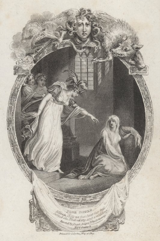 Kohtaus Nicholas Rowen Jane Shoren tragediasta (kaiverrus) tekijältä Henry  Fuseli