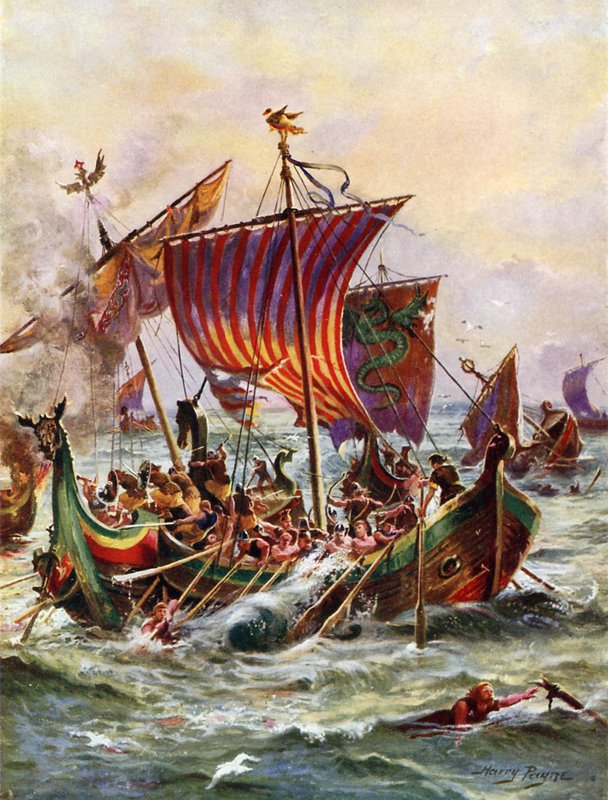 Kuningas Alfredin keittiökoneet hyökkäämässä Viking Dragon Ships -laivoja vastaan, 897 (värilitho) tekijältä Henry Payne