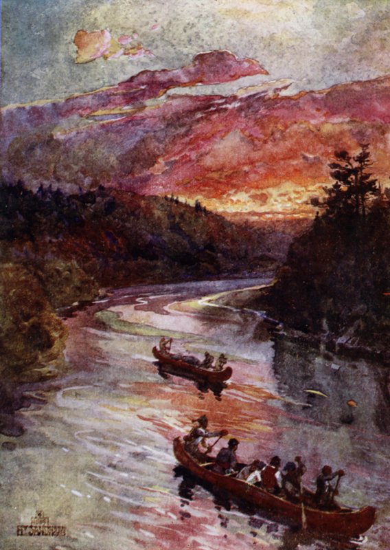 Kanootteja Pohjois-Amerikan joella (väri litho) tekijältä Henry (after) Sandham
