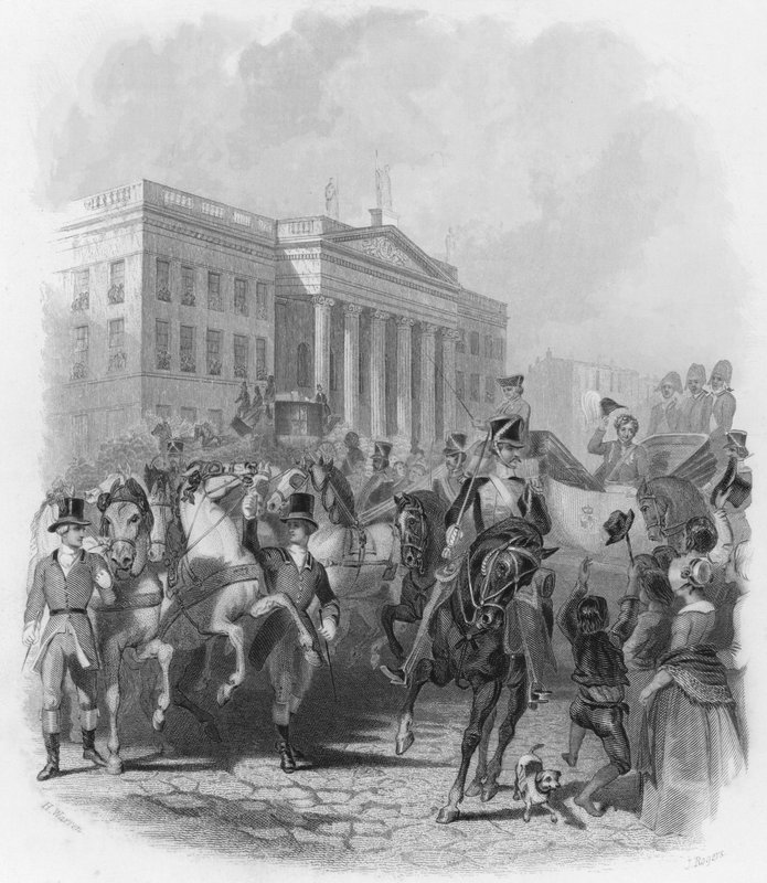 Kuningas Yrjö IV:n vierailu Irlantiin vuonna 1821 (kaiverrus) tekijältä Henry (after) Warren