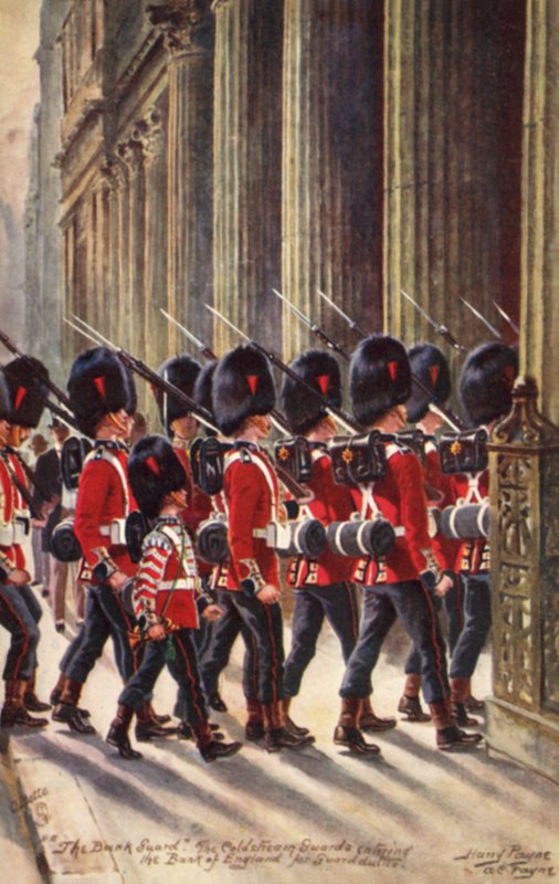 Coldstream Guards saapuu Englannin keskuspankkiin vartiotehtäviin tekijältä Henry A. Payne