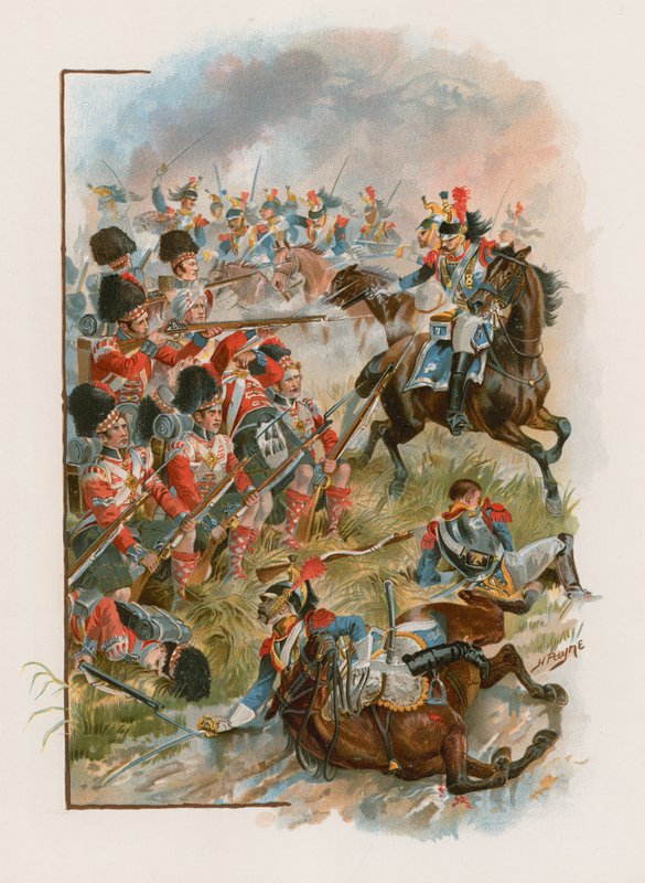 42. Highlandersin aukio, jolle ranskalaiset cuirassiers ryöstivät Quatre Brasissa, 16. kesäkuuta 1815 (chromolitho) tekijältä Henry A. Payne