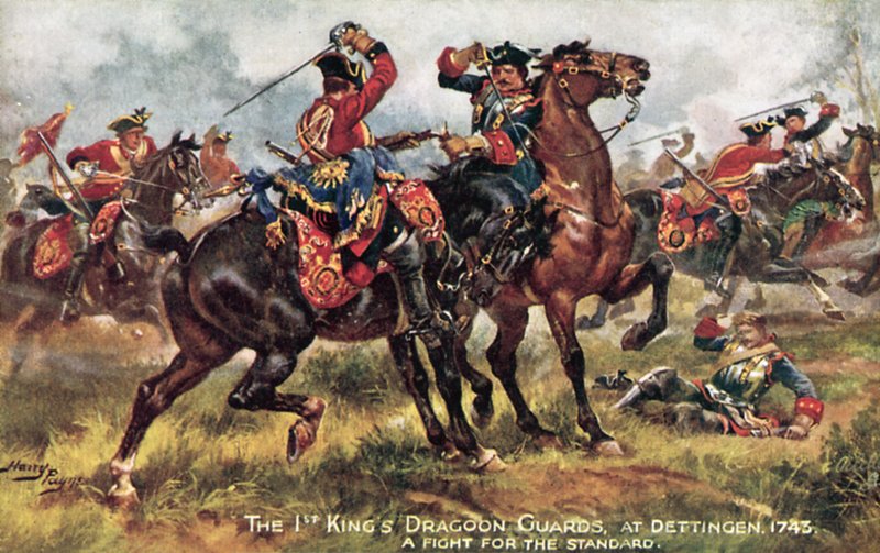 Kings Horse, nyt 1. (Kings) Dragoon Guards, Dettingenin taistelu, kesäkuu 1743 tekijältä Henry A. Payne