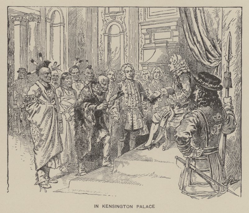 Kuningas George II:n Creek-intiaanien vastaanotto Kensingtonin palatsissa tekijältä Henry Alexander (after) Ogden