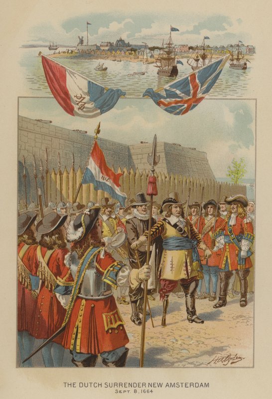 Hollantilaiset antautuvat New Amsterdam, 8. syyskuuta 1664 (chromolitho) tekijältä Henry Alexander (after) Ogden
