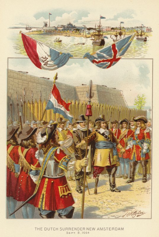 Hollantilaiset antautuvat New Amsterdam, 8. syyskuuta 1664 (väri litho) tekijältä Henry Alexander (after) Ogden