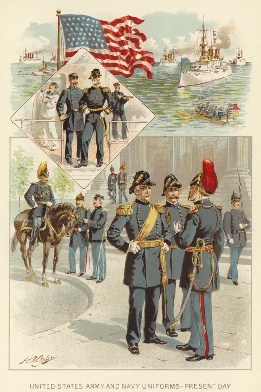 Yhdysvaltain armeijan ja laivaston univormut, nykypäivä (väri litho) tekijältä Henry Alexander (after) Ogden
