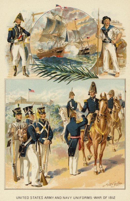 Yhdysvaltain armeijan ja laivaston univormut, sota 1812 (väri litho) tekijältä Henry Alexander (after) Ogden