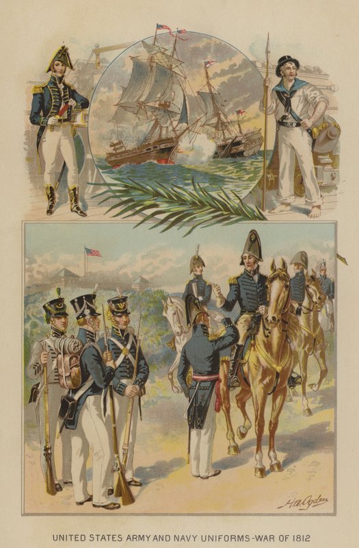 Yhdysvaltain armeijan ja laivaston univormut - Vuoden 1812 sota (chromolitho) tekijältä Henry Alexander (after) Ogden