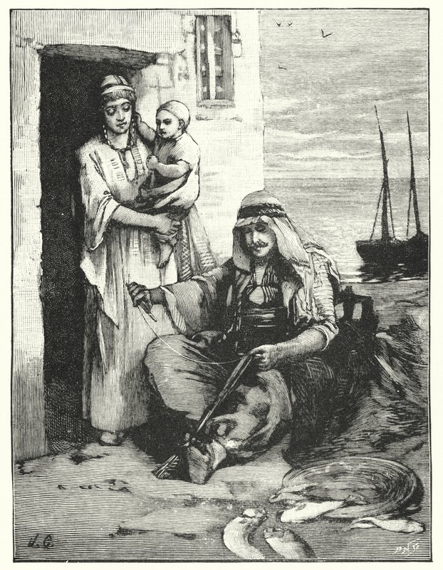 Kalastaja korjaa verkkojaan, Tiberiaksen meri (litho) tekijältä Henry Andrew Harper