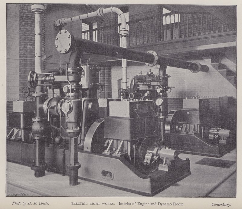 Moottori- ja dynamohuoneen sisätilat, Electric Light Works, Canterbury, Kent (b/w kuva) tekijältä Henry Beauchamp Collis