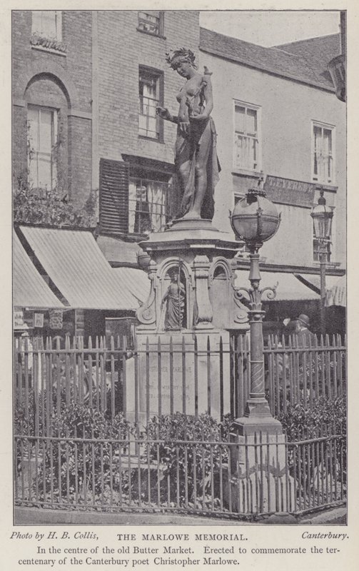 Muistomerkki näytelmäkirjailijalle ja runoilijalle Christopher Marlowelle, Buttermarket, Canterbury, Kent (m/v kuva) tekijältä Henry Beauchamp Collis