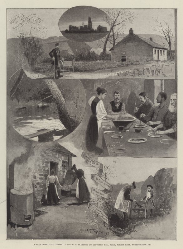 Vapaa kommunistinen siirtokunta Englannissa, luonnoksia Clousden Hillin maatilalla, Forest Hallissa, Northumberlandissa. tekijältä Henry Charles Seppings Wright