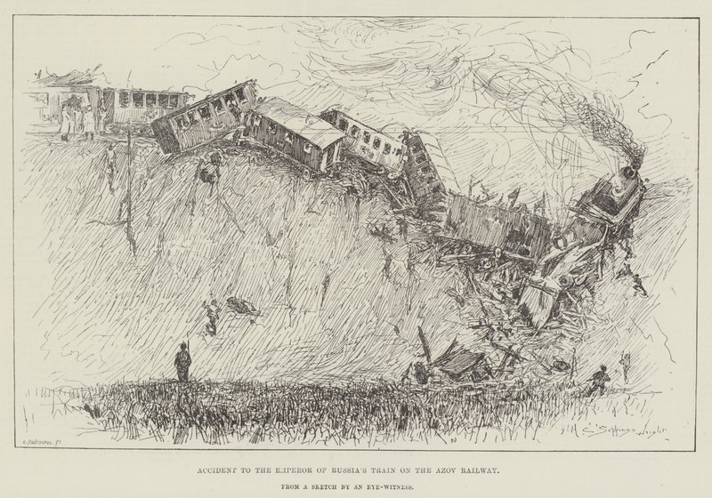 Venäjän keisarin junalle sattunut onnettomuus Asovan rautatiellä tekijältä Henry Charles Seppings Wright