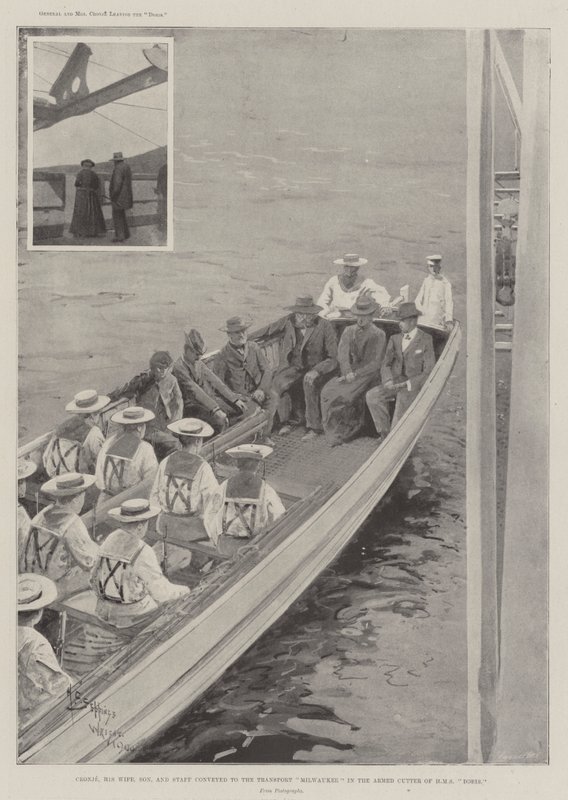Cronje, hänen vaimonsa, poikansa ja henkilökunta kuljetettiin Transport Milwaukeelle HMS Dorisin aseellisessa leikkurissa tekijältä Henry Charles Seppings Wright