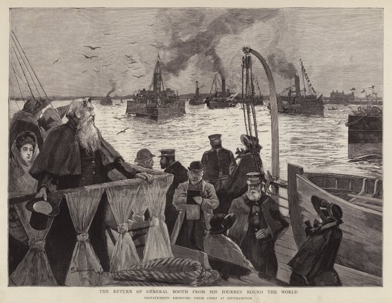 Kenraali William Booth, pelastusarmeijan brittiläinen perustaja, saapuu takaisin Southamptoniin maailmankiertueensa jälkeen tekijältä Henry Charles Seppings Wright