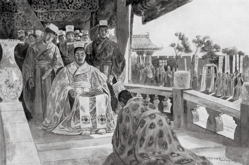 Han Yu esittää muistomerkkinsä (litografia) tekijältä Henry Charles Seppings Wright