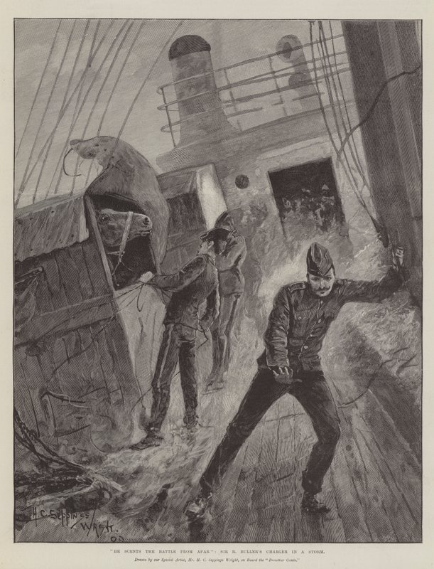 Hän haistaa taistelun kaukaa, Sir R Bullerin Charger in a Storm tekijältä Henry Charles Seppings Wright