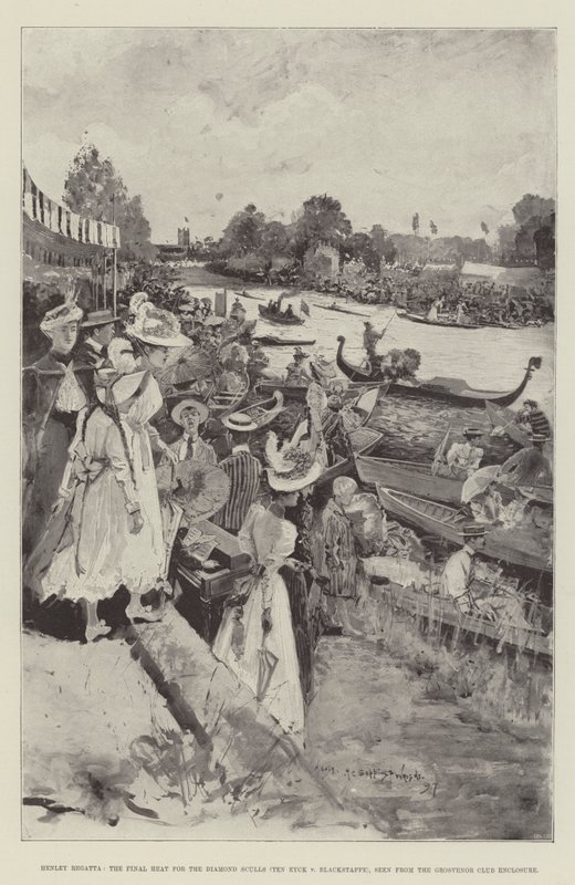 Henley Regatta, Diamond Scullsin viimeinen alkuerä (Ten Eyck v Blackstaffe), nähtynä Grosvenor Clubin aitauksesta tekijältä Henry Charles Seppings Wright