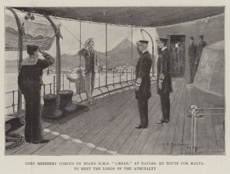Lord Rosebery saapuu HMS Caesarin kyytiin Napolissa matkalla Maltalle tapaamaan Lords of the Admiralty tekijältä Henry Charles Seppings Wright