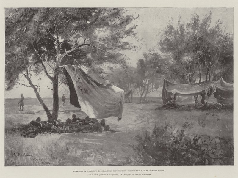 Seaforth Highlandersin etuvartiomatkailut päivän aikana Modder Riverillä tekijältä Henry Charles Seppings Wright