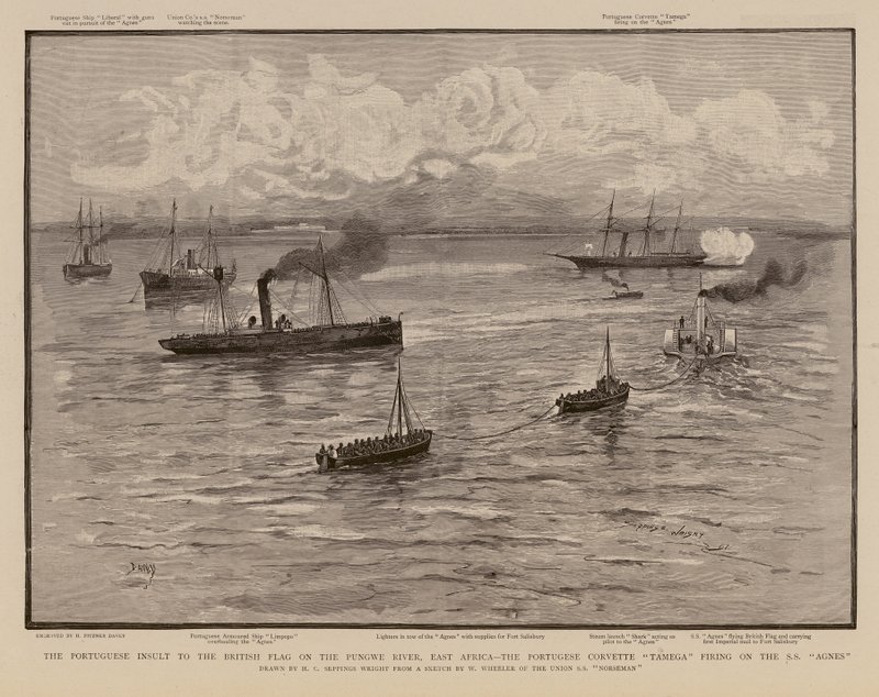 Portugalilainen korvette Tamega tulittaa SS Agnesia, Pungwe-joki, Itä-Afrikka (kaiverrus). tekijältä Henry Charles Seppings Wright