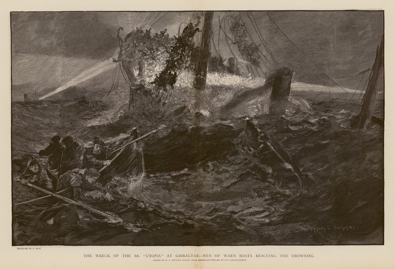 Hukkuvien pelastaminen SS Utopian haaksirikossa Gibraltarilla (kaiverrus). tekijältä Henry Charles Seppings Wright