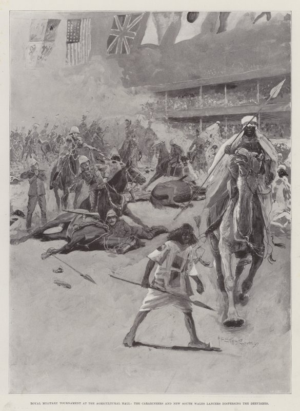 Royal Military Tournament Agricultural Hallissa, Carabineers ja New South Wales Lancers hajottavat dervishejä tekijältä Henry Charles Seppings Wright