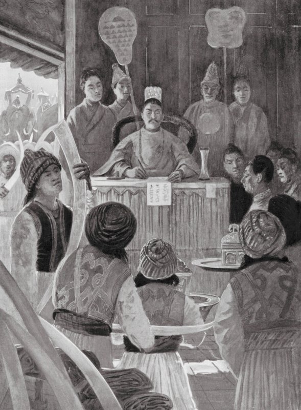 Siamilaiset lähettiläät kunnioittavat Kiinan keisaria (litografia). tekijältä Henry Charles Seppings Wright