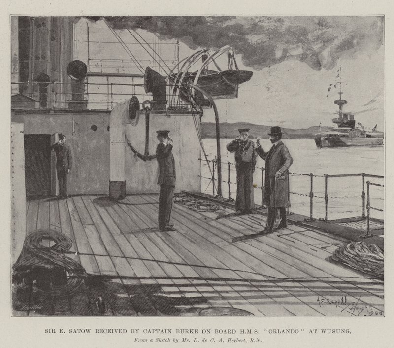 Kapteeni Burke vastaanotti Sir E Satowin HMS Orlandon aluksella Wusungissa. tekijältä Henry Charles Seppings Wright