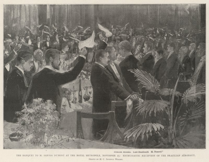 Juhla M Santos Dumontille Hotel Metropolessa, 25. marraskuuta, brasilialaisen aeronautin innostunut vastaanotto tekijältä Henry Charles Seppings Wright