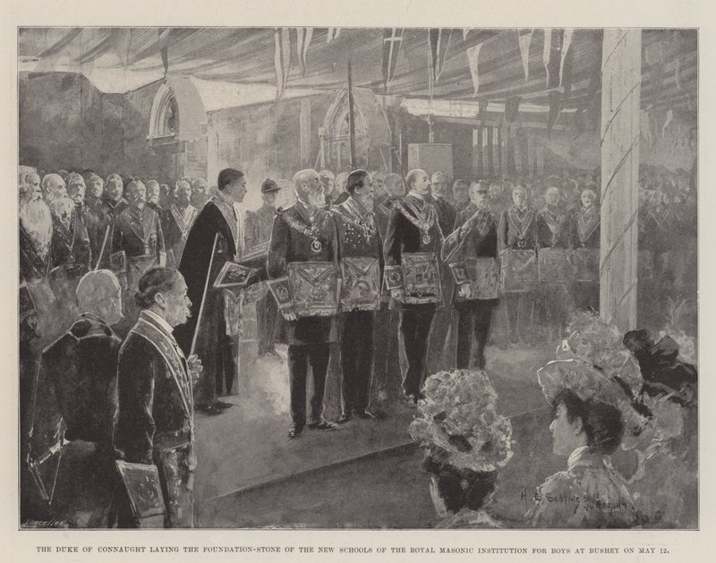 Duke of Connaught laskemassa peruskiven kuninkaallisen vapaamuurarien poikien instituutin uusille kouluille Busheyssa 12. toukokuuta tekijältä Henry Charles Seppings Wright