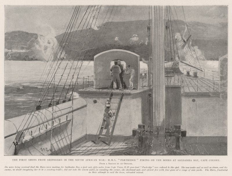 Ensimmäiset laukaukset laivalla Etelä-Afrikan sodassa, HMS Partridge ampui boereja Saldanhan lahdella, Cape Colonyssa tekijältä Henry Charles Seppings Wright