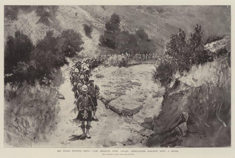 Indian Frontier Rising, Camp Sheranni, Tochi Valley, Highlanders marssimassa alas Defileen tekijältä Henry Charles Seppings Wright