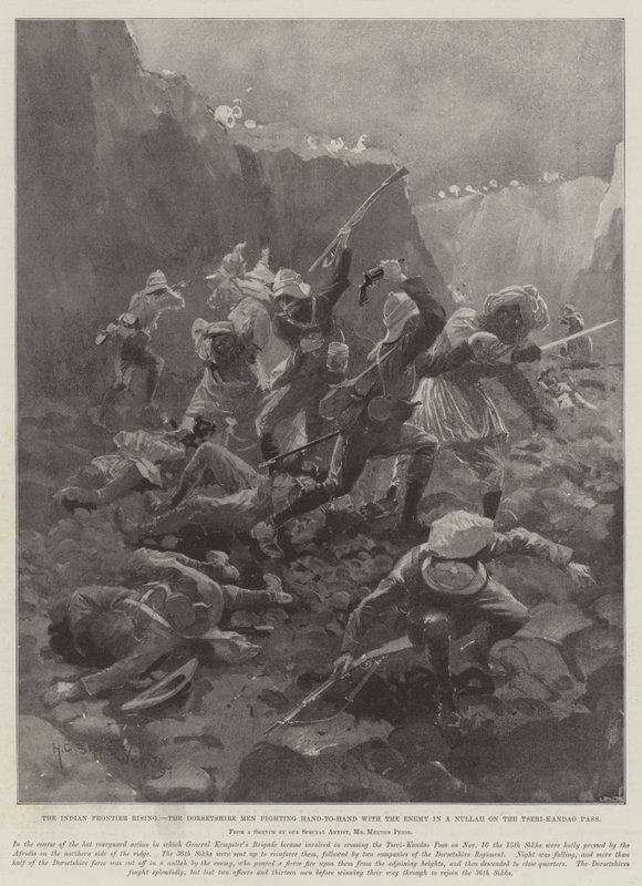 Intian raja nousemassa, Dorsetshiren miehet taistelevat käsistä vihollisen kanssa Nullahissa Tseri-Kandaon solalla tekijältä Henry Charles Seppings Wright