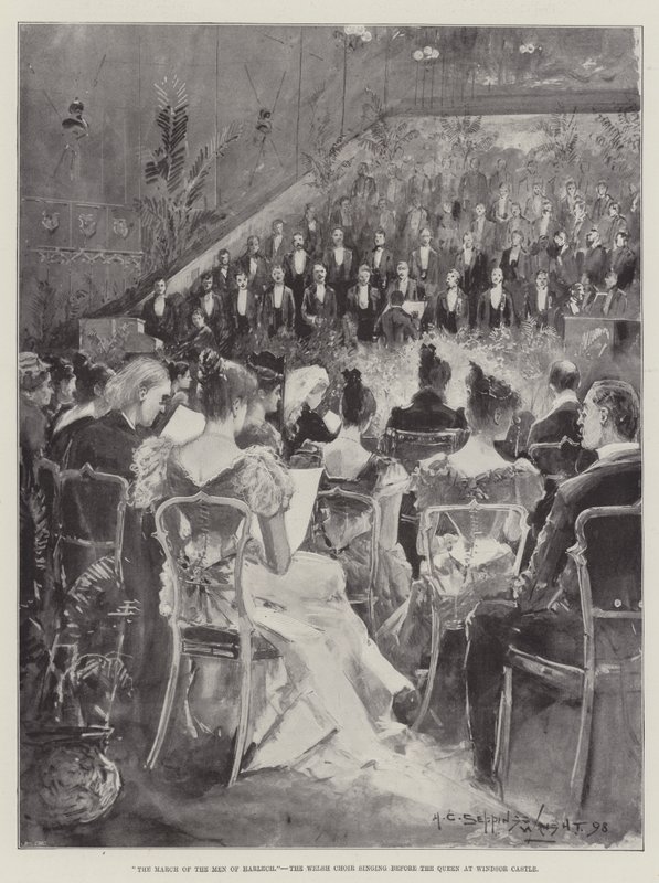 Harlechin miesten marssi, Walesin kuoro laulaa kuningattaren edessä Windsorin linnassa tekijältä Henry Charles Seppings Wright