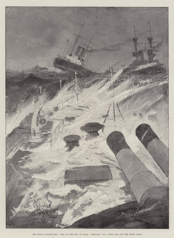 Merivoimien manööverit, näkymä HMS Repulsen keulasta Irlannin rannikon edustalla merellä tekijältä Henry Charles Seppings Wright