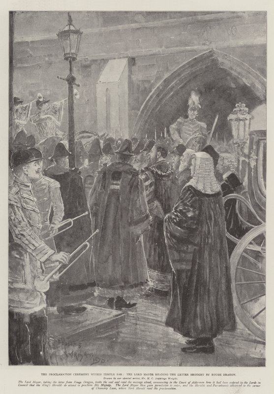 Julistusseremonia Temple Barissa, kun pormestari lukee Rouge Dragonin tuoman kirjeen. tekijältä Henry Charles Seppings Wright