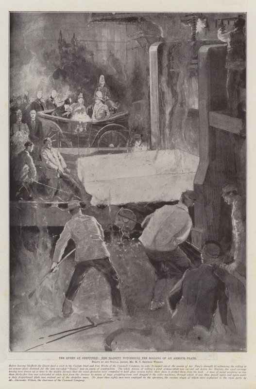 Kuningatar Sheffieldissä, Hänen Majesteettinsa todistamassa panssarilevyn vierimistä tekijältä Henry Charles Seppings Wright