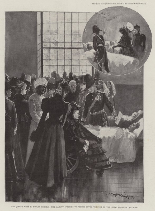Kuningattaren vierailu Netleyn sairaalassa, hänen majesteettinsa puhumassa yksityiselle Leverille, haavoittunut Intian rajakampanjassa tekijältä Henry Charles Seppings Wright