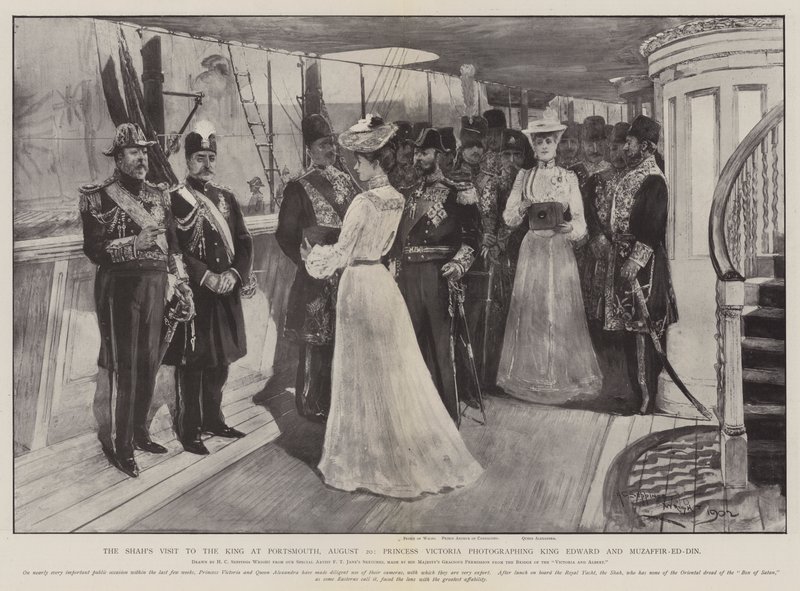 Shahien vierailu kuninkaan luo Portsmouthissa 20. elokuuta, prinsessa Victoria valokuvaamassa kuningas Edwardia ja Muzaffir-ed-Dinia tekijältä Henry Charles Seppings Wright