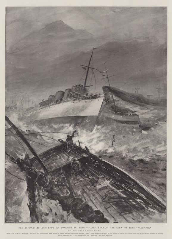 Taifuuni Hongkongissa 10. marraskuuta, HMS Otter pelasti HMS Sandpiperin miehistön tekijältä Henry Charles Seppings Wright