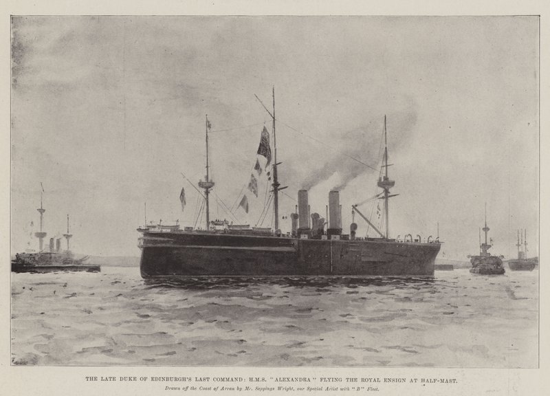 Edinburghin edesmennyt herttuan viimeinen komento, HMS Alexandra lentämään kuninkaallista lippua puolimastissa tekijältä Henry Charles Seppings Wright