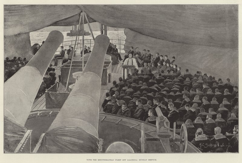 Välimeren laivaston kanssa Salonican edustalla, sunnuntaipalvelu tekijältä Henry Charles Seppings Wright
