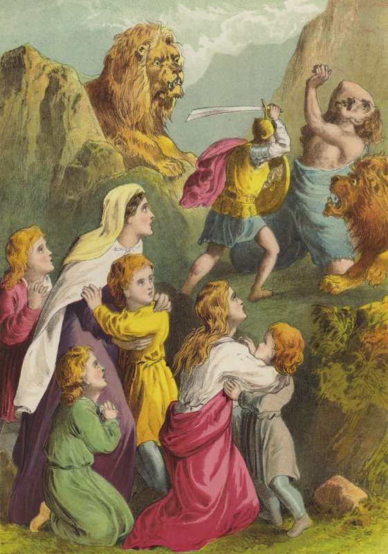 Suurisydän tappaa Giant Grimin (chromolitho) tekijältä Henry Courtney Selous