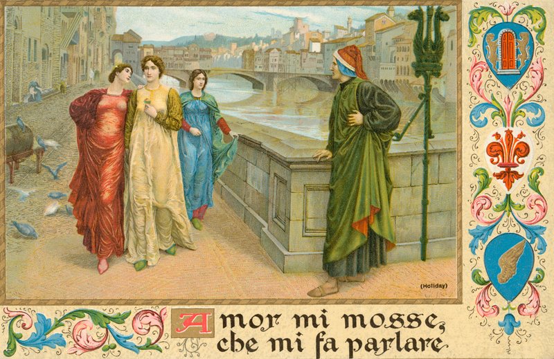 Italialainen runoilija Dante Alighieri ja Beatrice Portinari (chromolitho) tekijältä Henry Holiday