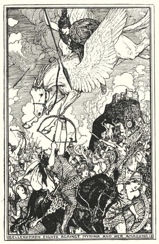 Bellerophon taistelee Myrinaa ja hänen amazonejaan vastaan (litho) tekijältä Henry Justice Ford