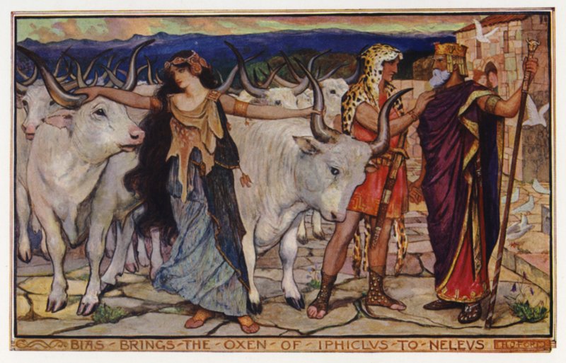 Bias tuo Iphikloksen härät Neleukselle (väri litho) tekijältä Henry Justice Ford
