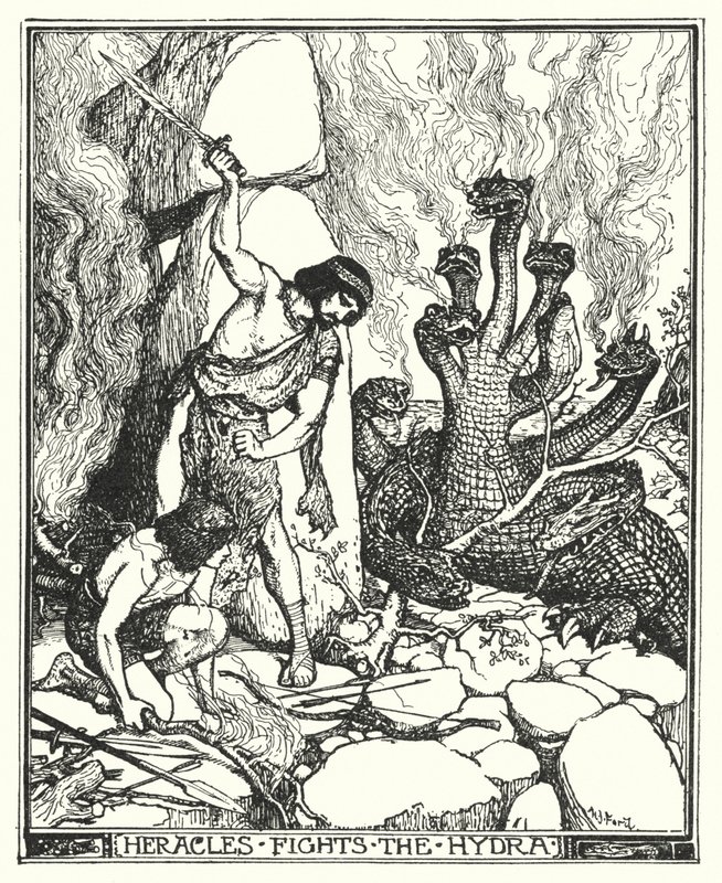 Herakles taistelee Hydraa vastaan (litho) tekijältä Henry Justice Ford